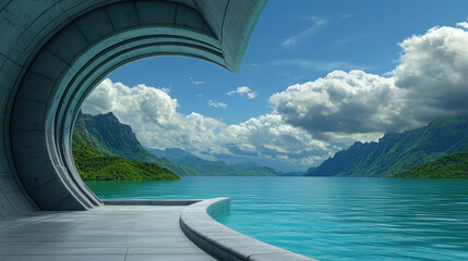 Fototapeta premium Modern Architectural Feature Overlooking Serene Lake with Majestic Mountains and Clouds