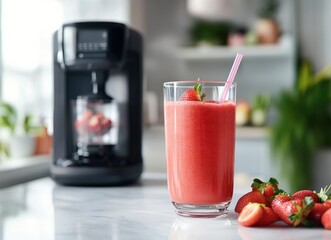 Making Fresh Strawberry Smoothie with Machine for Healthy Breakfast Drink