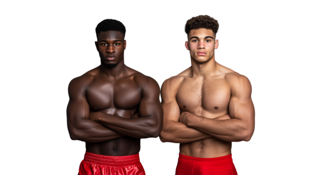 Three muscular young men posing together shirtless with folded arms, wearing red shorts, isolated on a transparent background, representing athleticism, strength, and team spirit.