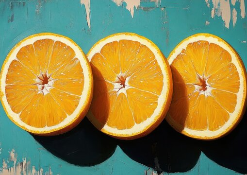 Vibrant Pop Art Style Orange Slices on Bright Turquoise Background with High Contrast Lighting and Symmetry - Powered by Adobe