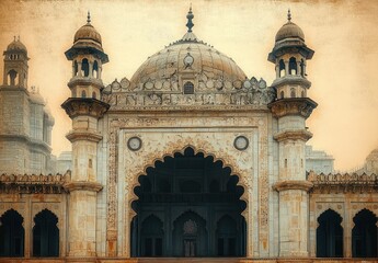Mughal Architecture Charminar Hyderabad Vintage Illustration with Towering Minarets and Copy Space