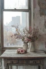 Vase with dried flowers on old wooden table near window with city view