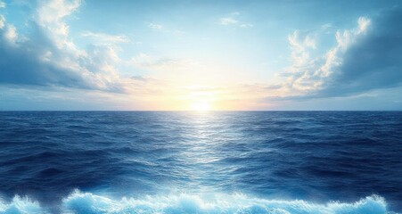 Obraz premium serene ocean horizon at dawn with sailing ship and gentle waves