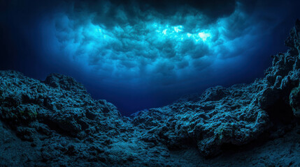 Deep Blue Underwater Scene with Rock Formations and Soft Light Effects from Ocean Surface