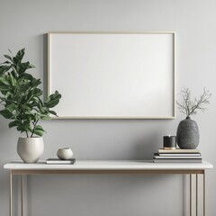 Minimalist console table with framed artwork, featuring a modern aesthetic, displayed against a neutral backdrop