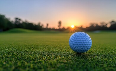 Golf ball resting on lush green grass at sunrise on golf course
