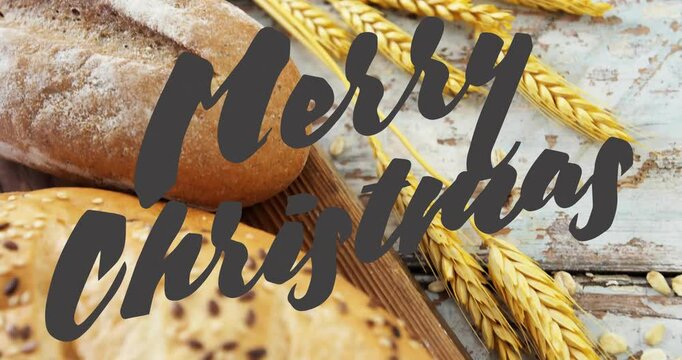 Christmas animation with bread and wheat on rustic wooden table background