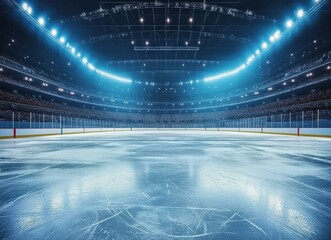 Ice hockey rink in a large stadium with lights and fans