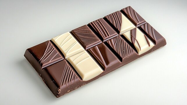 Delicious dark and white chocolate bar, segmented into squares with unique textures and patterns, isolated on white background.