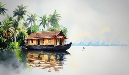 Fototapeta premium Traditional Houseboat Serenity on River in Lush Kerala Backwaters