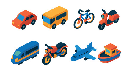 Naklejka premium 3d transportation icons set: car, bus, bicycle, scooter, train, motorcycle, airplane, boat