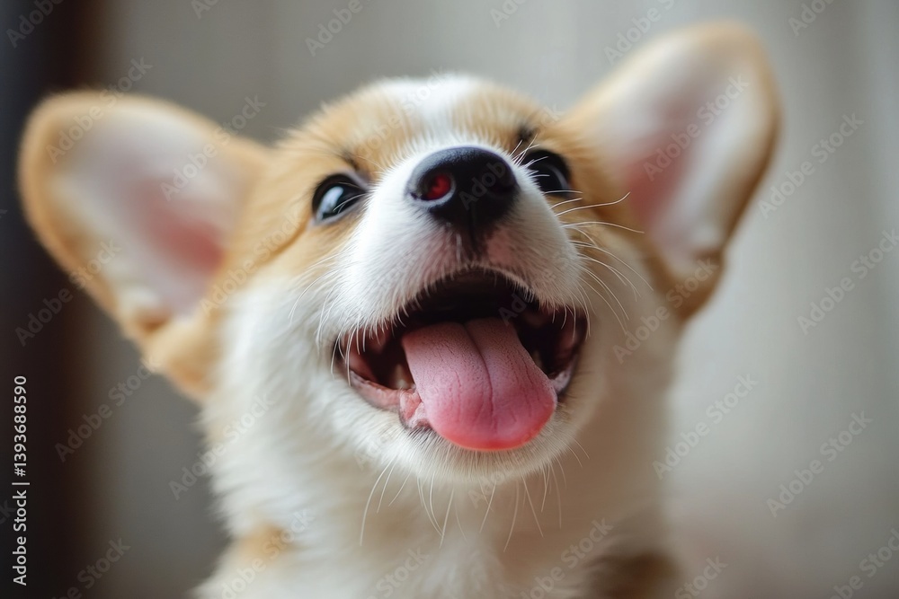 Poster happy corgi puppy looking up with tongue out in playful white studio setting