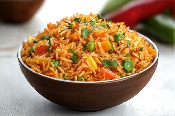 vibrant Indian fried rice with vegetables healthy meal dish dinner served in bowl