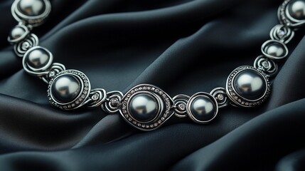 Elegant dark grey pearl necklace on black silk.