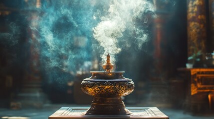 Incense smoke rising from ornate bronze incense burner in temple