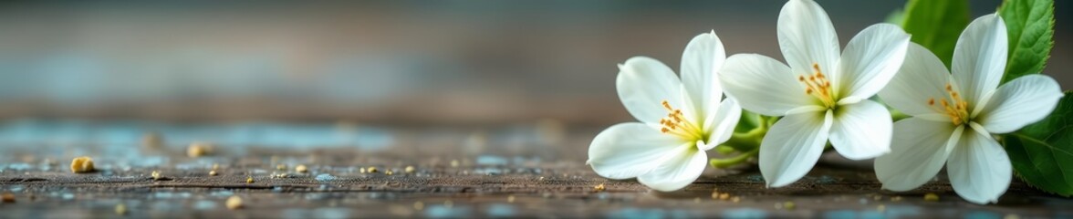 Obraz premium Close-up of delicate white blooms on a rustic wooden surface, close-up, nature