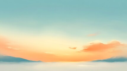 Obraz premium A serene landscape showcasing a pastel sky during sunrise, with soft hues of blue, peach, and gentle whites blending over distant hills and layers of mist