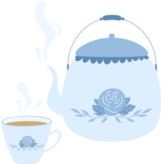 Hand drawn tea pot and a cup hot drink illustration