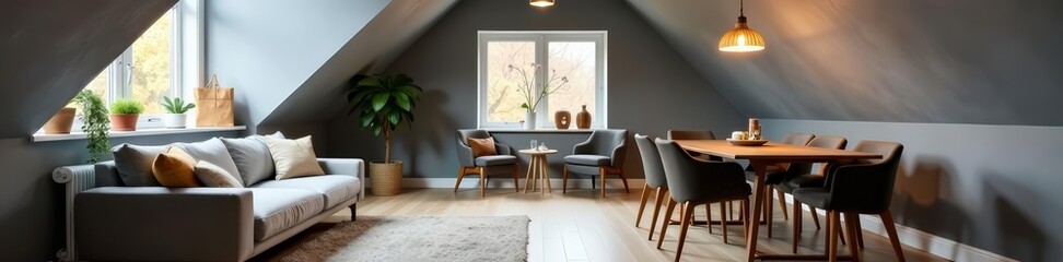 Naklejka premium Modern attic space with gray walls, comfortable seating, and dining area, attic, home, gray walls