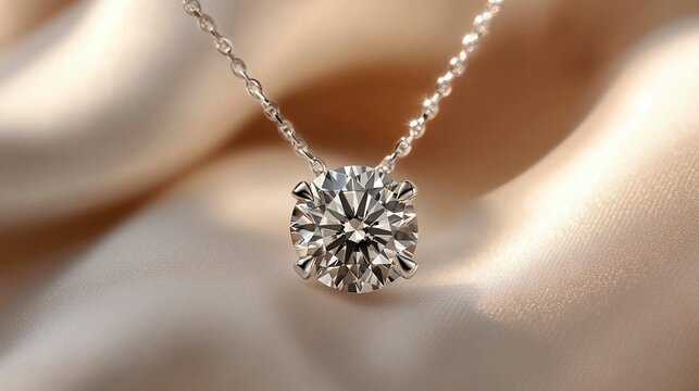Elegant diamond solitaire pendant necklace on silk.