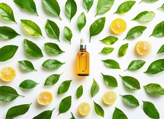Essential Oil Dropper Bottle with Fresh Lemon and Green Leaves