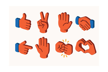 3d hand gesture icons set: thumbs up, peace, handshake, pointing, fist bump, heart symbol