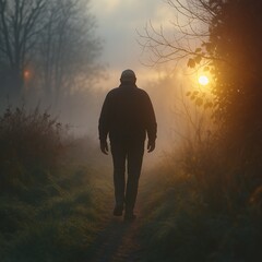 A solitary man walks down a misty forest path at sunrise, surrounded by fog and soft golden light filtering through the trees.
