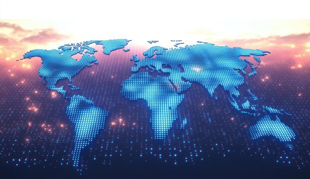 Vibrant Blue Dotted World Map Illustration with Modern Pop Art Style and High Contrast Lighting