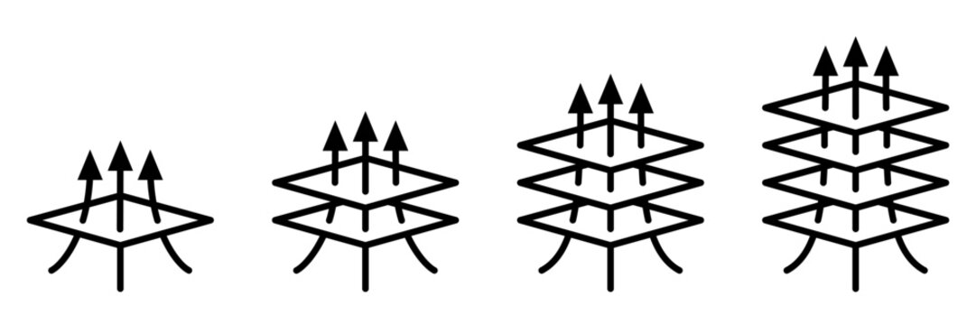Layers icon set. Layer 1, 2, 3, 4, 5, 6, 7, 8, 9, 10 arrow up down. Logo layers, tiers, sheets icons. Fabric floor layers symbol absorbent of material stack. Surface levels technology for business.
