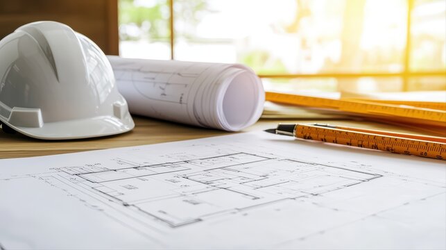 Construction plan with hard hat and tools on table