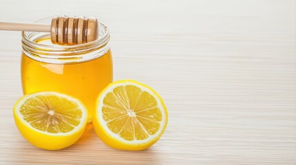 Honey and lemon on wooden background for wellness