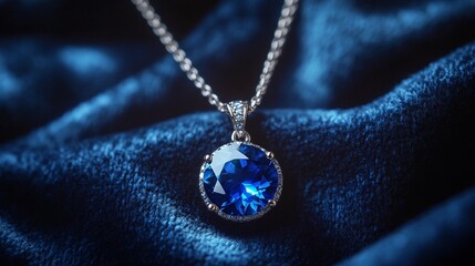 Fototapeta premium Elegant sapphire pendant necklace on blue velvet.