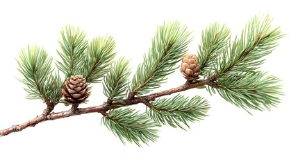 Detailed Watercolor Pine Branch with Cones on White Background