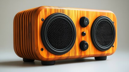 Retro Wooden Speaker with Black Accents and Volume Controls on Light Gray Surface