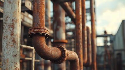 Rusty industrial pipes in urban environment