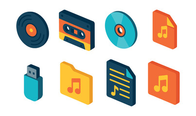 Colorful 3d music icons set: vinyl, cassette, cd, notes, usb, folder, sheet music