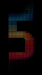 The number '5' designed using a pattern of colored dots transitioning through a gradient of blue, yellow, orange, and red, all set against a sleek black background for a modern and vibrant look