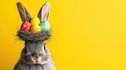 Cute Gray Bunny with a Nest of Colorful Easter Eggs on its Head Against a Bright Yellow Background