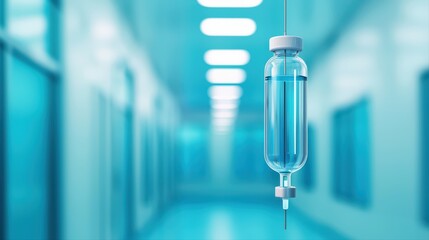Medical syringe with blue liquid in modern clinic