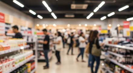 Shoppers browsing products in a busy supermarket environment  