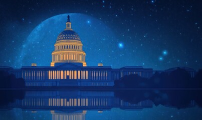 Obraz premium Neoclassical Capitol Building Illustration with Starry Sky and Blue Minimalist Design