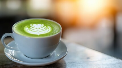 Green tea latte with flower pattern art in cup