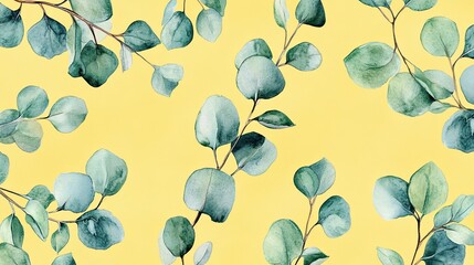 Watercolor botanical pattern with eucalyptus leaves in tranquil yellow tones