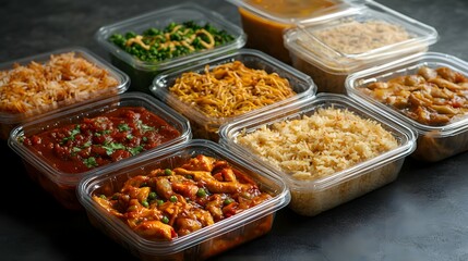 Assorted Indian Dishes in Clear Containers on Dark Background Food Photography