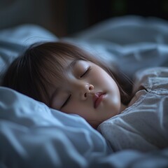 Asian little girl sleeping in bed. lying asleep in bedroom by night. Square photo