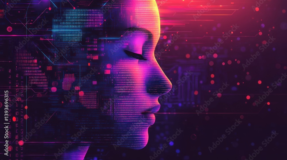 Poster binary code portrait melding computational circuits symbolizing artificial intelligence with advance