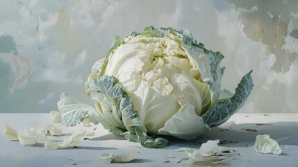 Obraz premium Artistic Cabbage Head with Green Edges and Fallen Leaves on White Background