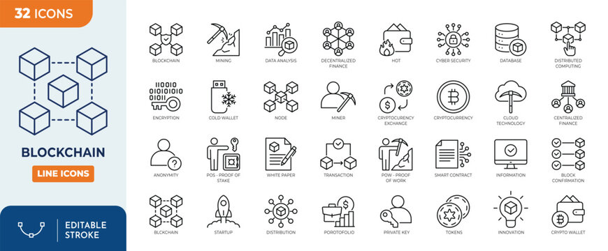 Blockchain technology line editable icon set. Cryptocurrency element. Containing blockchain, node, decentralized finance, encryption, tokens, and more. Vector illustration. Editable stroke	