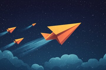 Leadership in Flight: Yellow Paper Airplane Leading the Way Among White Airplanes