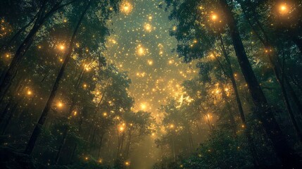 Naklejka premium Enchanted Forest at Night: A Dreamlike Landscape of Glowing Fireflies and Magical Trees